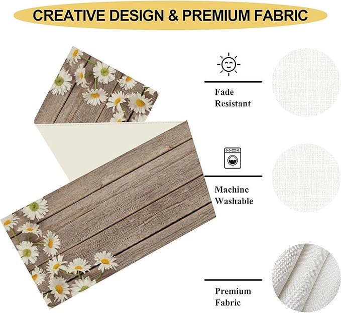Daisy Table Runner, Spring Floral Seasonal Summer Yellow Flower Rustic Farmhouse Table Center Decor for Home Kitchen Dining Patio Holiday Party Indoor Outdoor Table Decorations, 13"x90" Inch