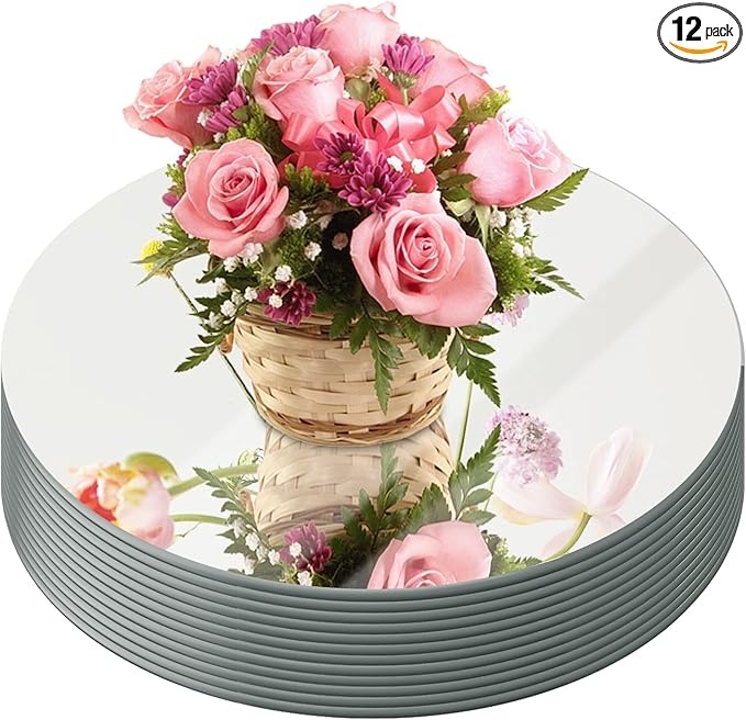 JAMBALAY 12" Round Mirror Centerpieces for Tables, Set of 12 Glass Mirror Table Centerpieces, Circle Glass Mirror Trays, Mirror Candle Plates for Wedding Decorations and Party