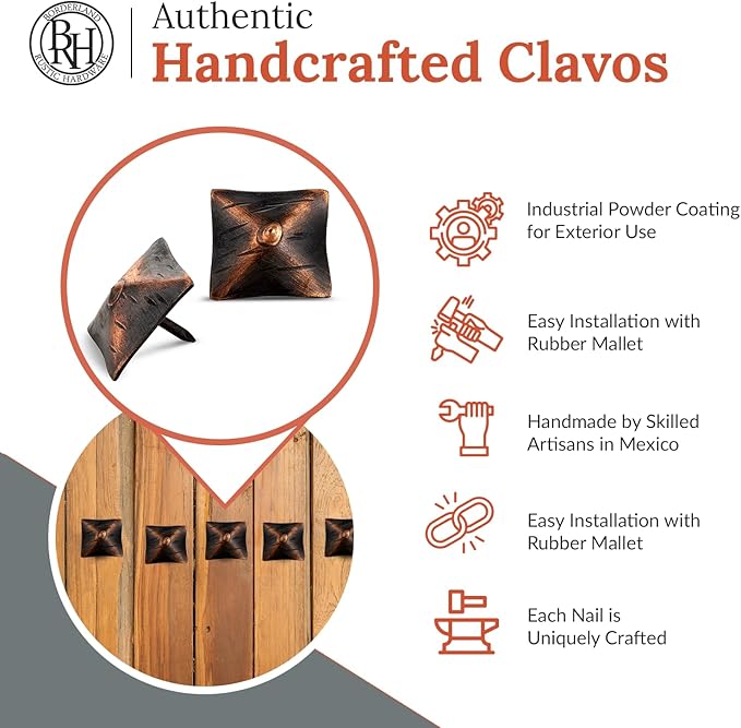 50 Pack 1.25" Square Head Iron Clavos Decorative Nails – Oil Rubbed Bronze – Handmade Rustic Square Fasteners for Farmhouse Shutters, Barn Doors, Shutters, Gates – Ornamental Wood Accent