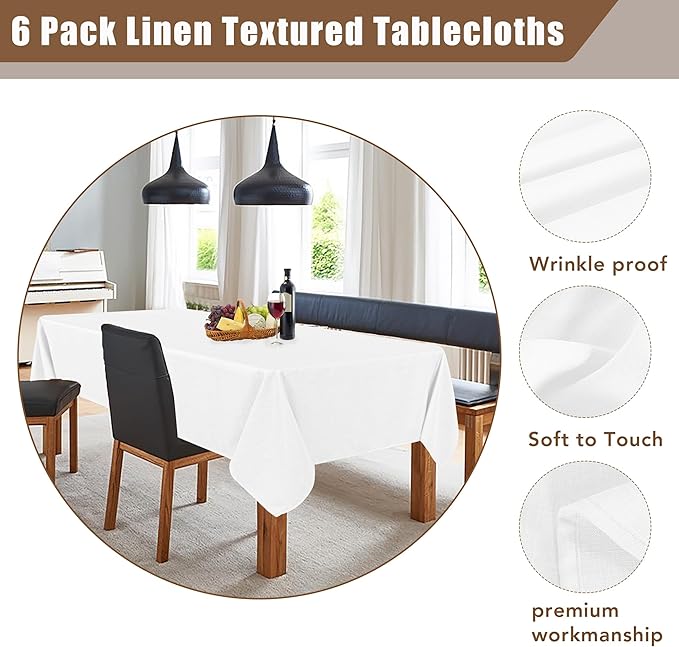 Fitable Faux Linen White Tablecloths for 8 Foot Rectangle Tables - 60 x 120 Inch - 6 Pack Fabric Textured Folding Table Clothes Faux Burlap Table Covers for Wedding, Party, Banquet, Birthday