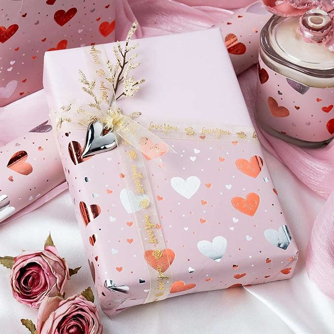 Burymento Gold Foil Heart Wrapping Paper, Reversible Pink Gift Wrap for Birthday, Valentines, Mothers day, Graduation, Wedding, Fathers day, Baby Shower, Christmas (17in x 32.8ft)