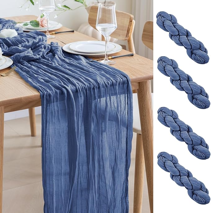 Asee'm 4pcs Cheesecloth Table Runner 120 Inches Long Blue Boho Gauze Cheese Cloth Runner 10FT Rustic Sheer Table Runners for Christmas Wedding Party Baby Shower Spring Easter Decoration
