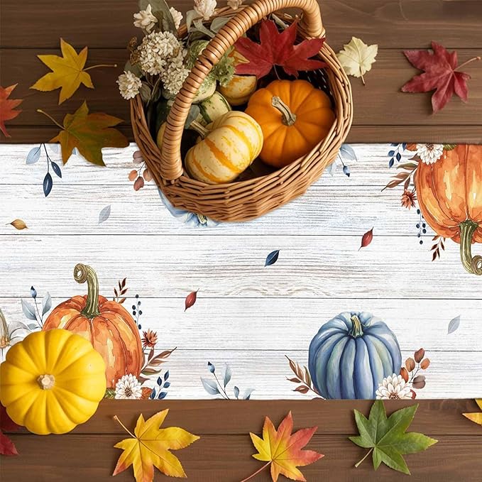 Thanksgiving Fall Cotton Linen Table Runner for Dining Kitchen, Pumpkins Eucalyptus Wedding Outdoor Party Tablerunners Decoration, Farmhouse Wooden Dresser Scarf Coffee Tablecloth Runners 13x72 Inches
