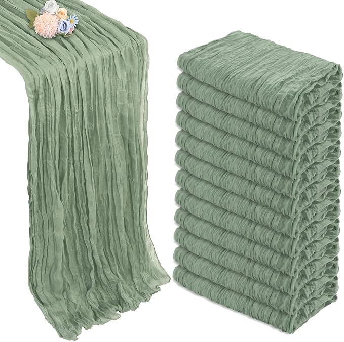 12 Pack Sage Green Cheesecloth Table Runner 10ft Boho Gauze Fabric Cheese Cloth Table Runner 35 x 120 Inch Rustic Sheer for Romantic Wedding Decor Baby Shower Party Table Centerpiece Decoration