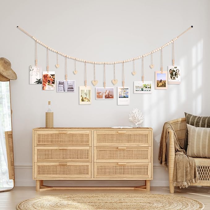 Hanging Photo Display Room Wall Decor, Boho Collage Picture Frame Christmas Cards Holder with 9 Wood Clips and 6 Wooden Hearts Tags, Xmas Card Display for Bedroom, Office, Nursery, Dorm Decor, 2 Pack