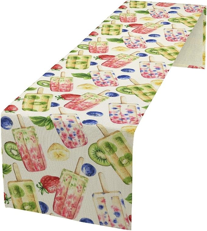 Ice Cream Table Runner, Watercolor Fruit Ice Popsicles Berry Kiwi Cold Summer Desserts Seasonal Dinner Runner for Party Holiday Home Kitchen Dining Table Decor 13"x36"