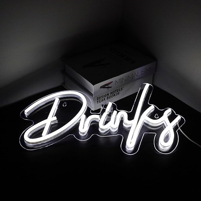 Looklight Drinks Neon Sign,Bar Neon Sign,Neon Signs for Wall Decor,Neon Sign For Room,White Neon Light Sign Led Neon Bar Signs USB Connectivity Light Up Wall Decor for Teen Room Bedroom Bar Store