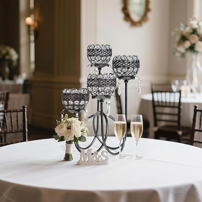 4 Arms Crystal Candelabra Tealight Holder - Tall 15.7 Inch Elegant Centerpiece with Crystal Pendant Bowls & Artistic Metal Stand for Wedding, Dining Table, Home Decor (4, Black)