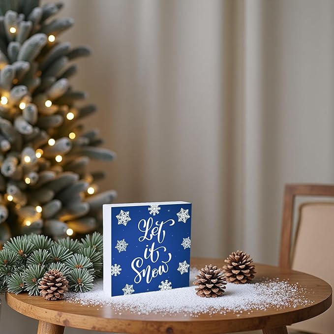 Winter Decorations Indoor Winter Decor Let It Snow Home Room Snowflakes Table Wood Box Sign Rustic Wooden Shelf Desk Decor Season Sign House Warming Gifts 5.9 x 5.9 Inch