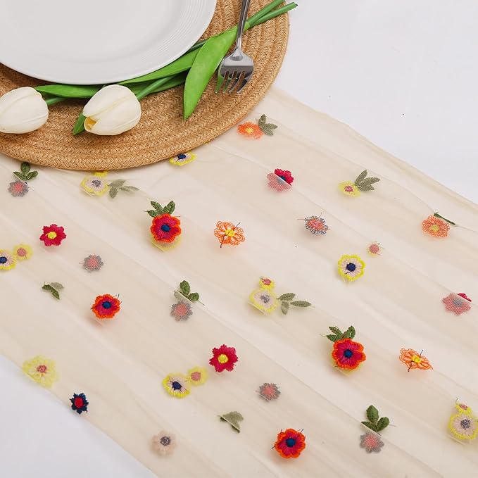 BINBE 1pcs Champagne Daisy Fall Table Runner Embroidery Gauze 10FT Florals Seasonal Tulle Holiday Birthday Kitchen Dining Table Decor for Home Party