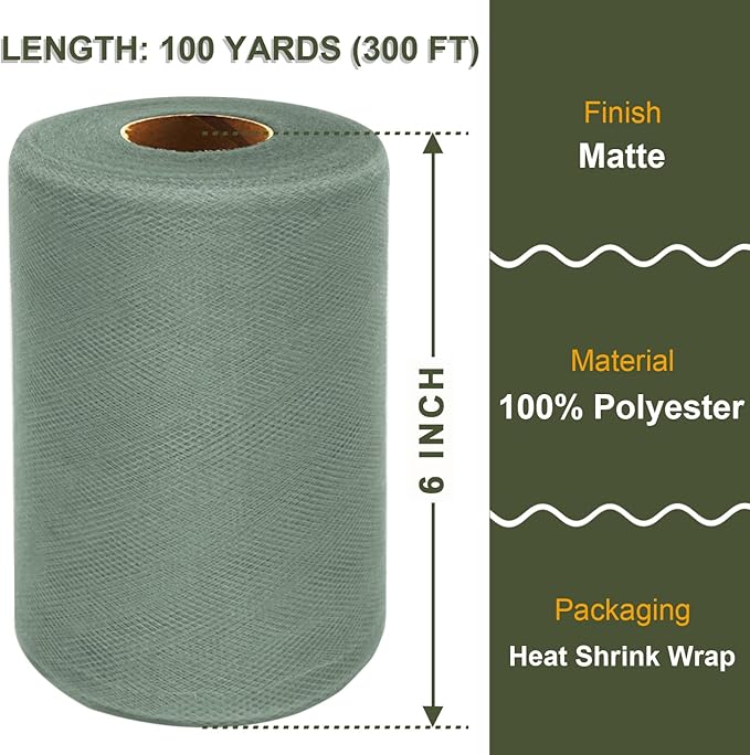 Sage Green Tulle Fabric Roll 6 Inch X 300 FT (100 Yards) Matte Tulle Ribbon Netting Mesh Spool for DIY Tutu Skirt Wedding Bow Gift Wrapping Baby Shower Christmas Party Halloween Decorations