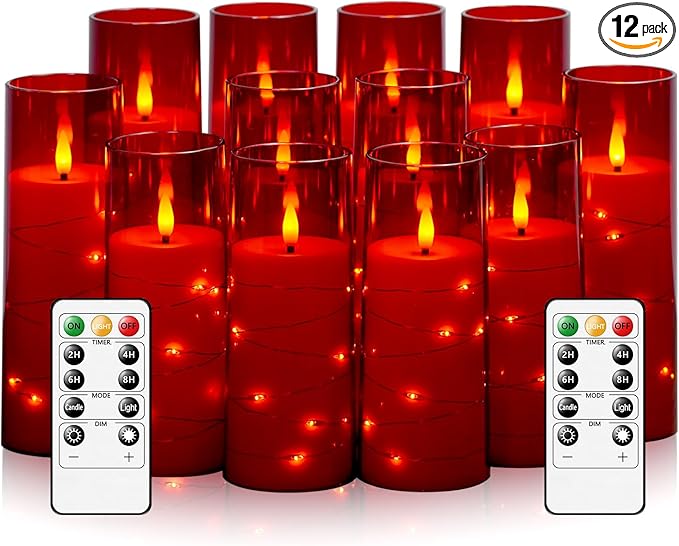 Flameless Candles with Embedded Star String - Battery Operated LED Candles, with Remote,12 Red Flickering Candles for Christmas, Weddings, Home Decor & Party,(D 2.3"×H 5" 6" 7")