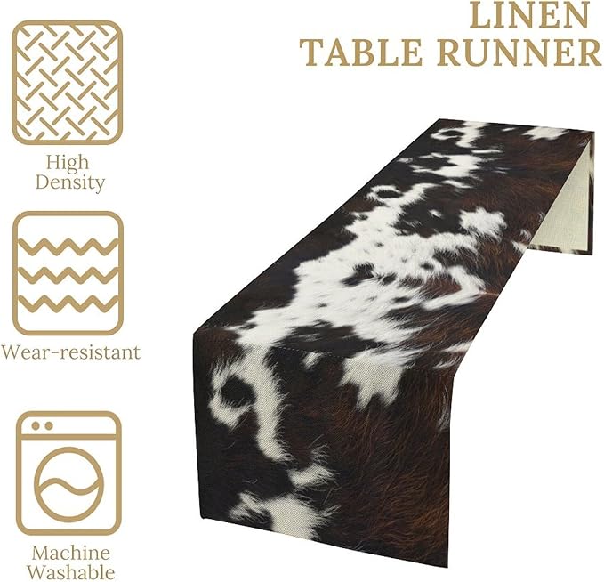 Cow Print Table Runner, Brown Cowhide Print Western Style Table Runner Country Farmhouse Cottage Cow Patten Table Decoration for Home Kitchen Dining, 13x120 Inch