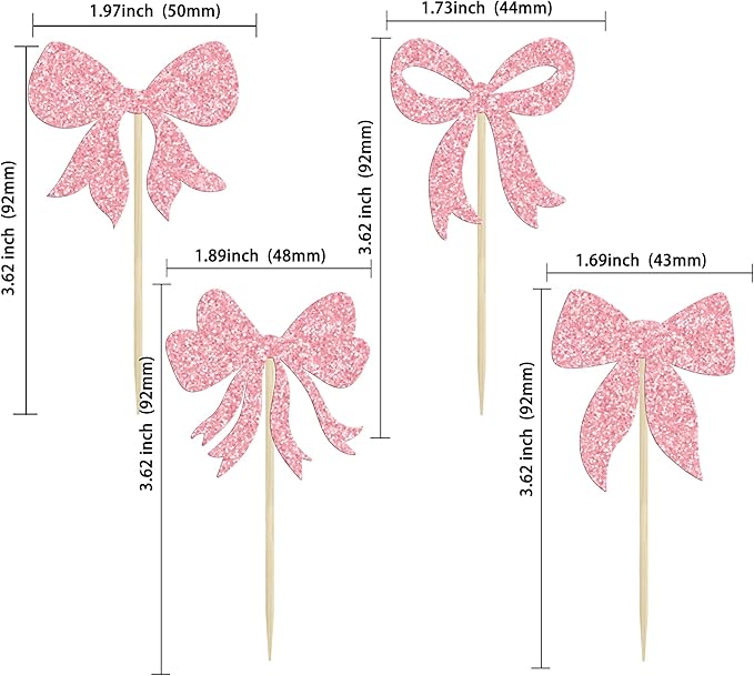 Gyufise 36Pcs Bow Cupcake Toppers Glitter Girls Birthday Decorations Bowknot Cupcake Picks Bow Tie Birthday Decorations Bow Cake Toppers for Bridal Baby Shower Bachelorette Party Supplies Pink