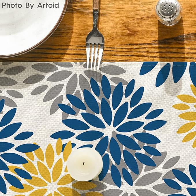 Artoid Mode Blue Dahlia Floral Pinnata Summer Table Runner, Spring Kitchen Dining Table Decoration for Home Party Decor 13x60 Inch