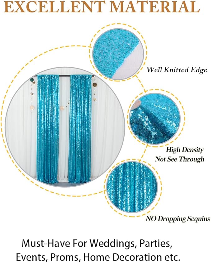 ShinyBeauty Sequin Backdrop Curtains 4 Panels Aqua 2FTx8FT Sequin Fabric Photo Backdrop Curtains Turquoise Glitter Curtains for Party
