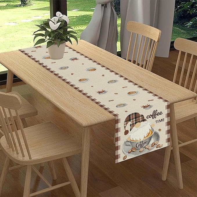 Coffee Time Table Runner, Farmhouse Retro Gnome Coffee Cup Tea Party Cafe Table Center Decor for Home Kitchen Dining Patio Holiday Party Indoor Outdoor Table Decorations,13"x36" Inch