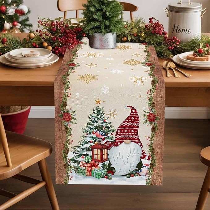 Christmas Gnomes Cotton Linen Table Runner for Dining Kitchen, Xmas Pine Tree Snowflake Rustic Wedding Outdoor Party Tablerunners Decoration, Retro Wood Dresser Scarf Tablecloth Runners 13x90 Inches