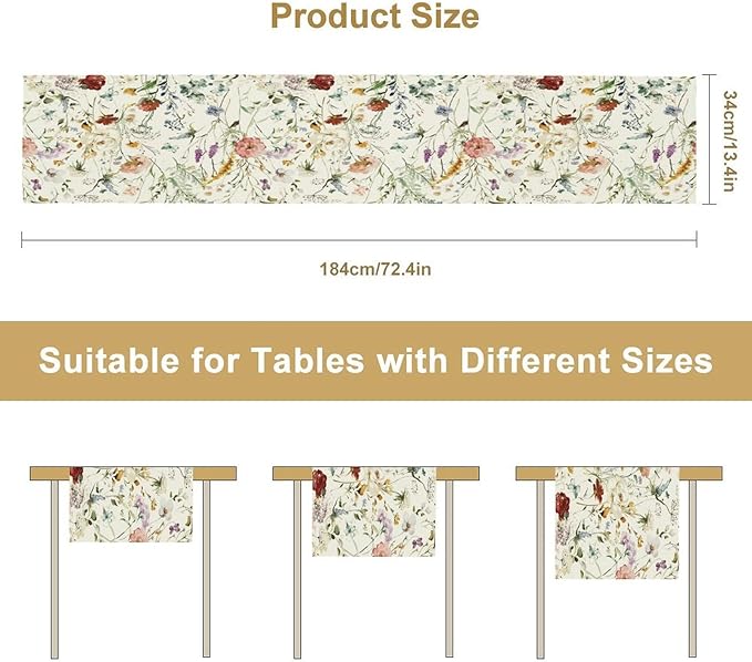 Floral Butterfly Table Runner,Rustic Colorful Flower Botanical Watercolor Pattern Print Burlap for Hotel Indoors Outdoor Dining Room Kitchen Holiday Party, 13x60in