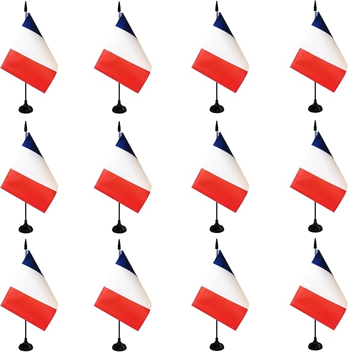 France Desk Flag, 12 Pack French Table Office Flag with Black Solid Pole and Stand Base, International Country Flag, Festival Celebration, Classroom Meeting Desktop Decor (France)