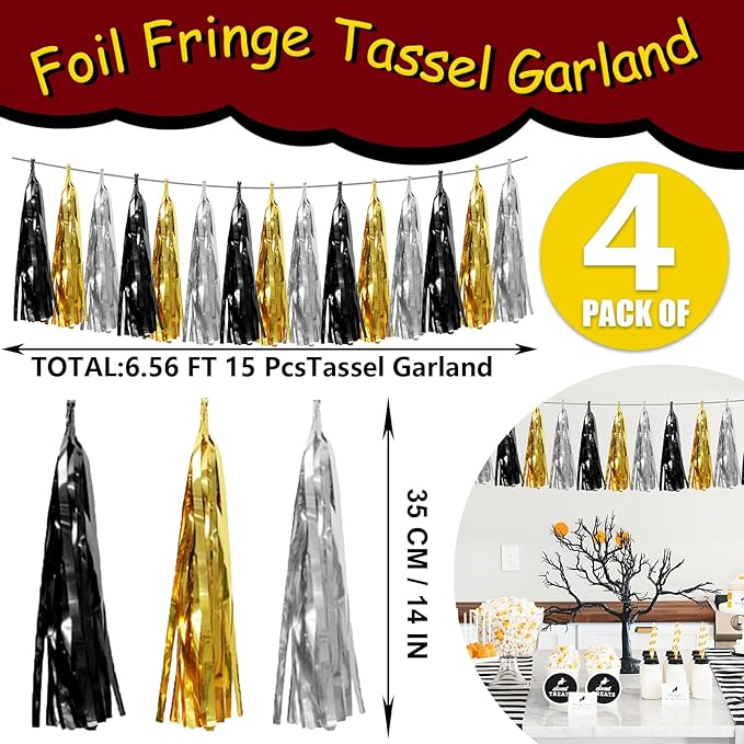 4P Black Gold Silver Foil Fringe Tassel Garland Banner Metallic Tinsel Streamers Wall Hanging Curtain Backdrop Banner for Parade Floats, 2025 Graduation Decorations,New Years Decorations, Father' Day