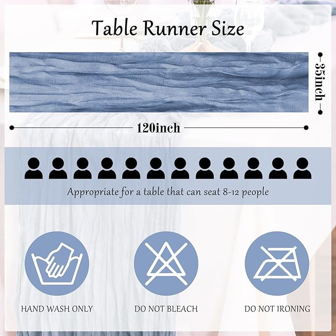 1-Pack Dusty Blue Cheesecloth Table Runners – 10FT (35x120 Inch) Boho Rustic Gauze Fabric Cheese Cloth Table Runner for Weddings, Baby Showers, Bridal Shower, Farmhouse & Birthday Party Decor