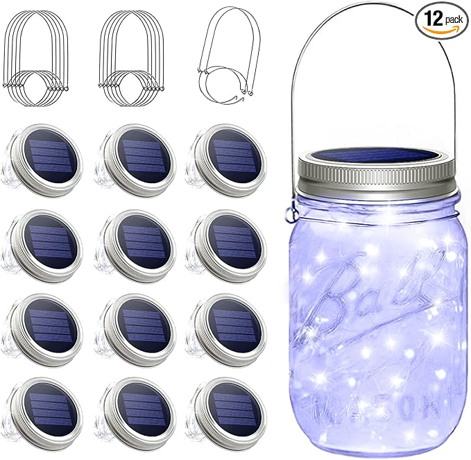 SunKite Solar Mason Jar Lights, 12 Pack 30 LED Waterproof Fairy Firefly Jar Lids String Lights with Hangers(NO Jars), Patio Yard Garden Wedding Decoration - Cool White