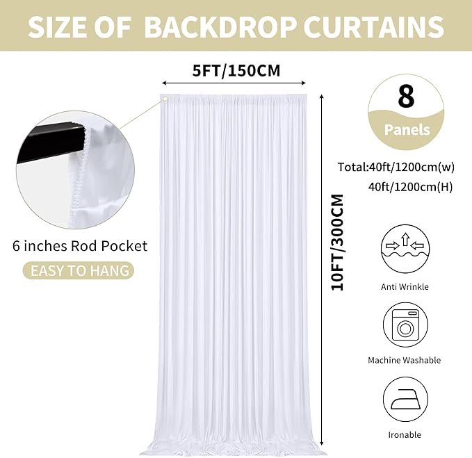40x10ft Backdrop Curtains for Parties, 8 Panels 5x10ft Photography Backdrop Curtain with Rod Pocket,Backdrop Polyester Background Drapes,Wedding Backdrop Drapes for Birthday Baby Shower Home Decor