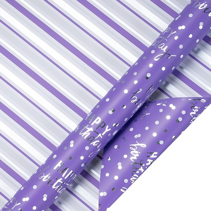 LeZakaa Purple Birthday Wrapping Paper Roll for Girls Women, Happy Birthday Lettering & Stripe Reversible, Metallic Foil, Large Roll, 30 inches x 32.8 Feet (92.9 sq.ft.)