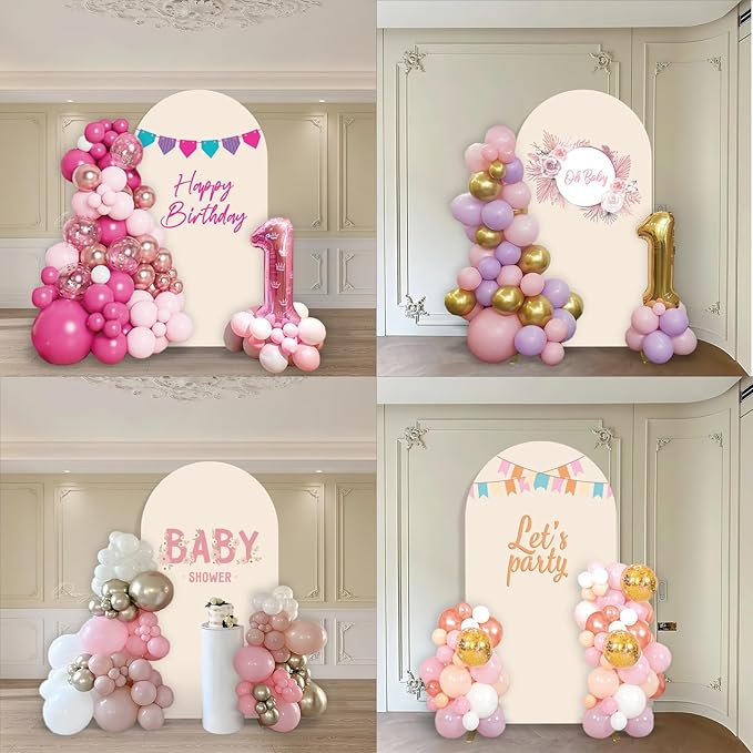 Metal Arch Backdrop Stand and Cover Set, 6FT Beige Reusable Spandex Fitted Backdrop Cover and Gold Wedding Arch Frame for Baby Shower, Birthday, Parties Decoration.