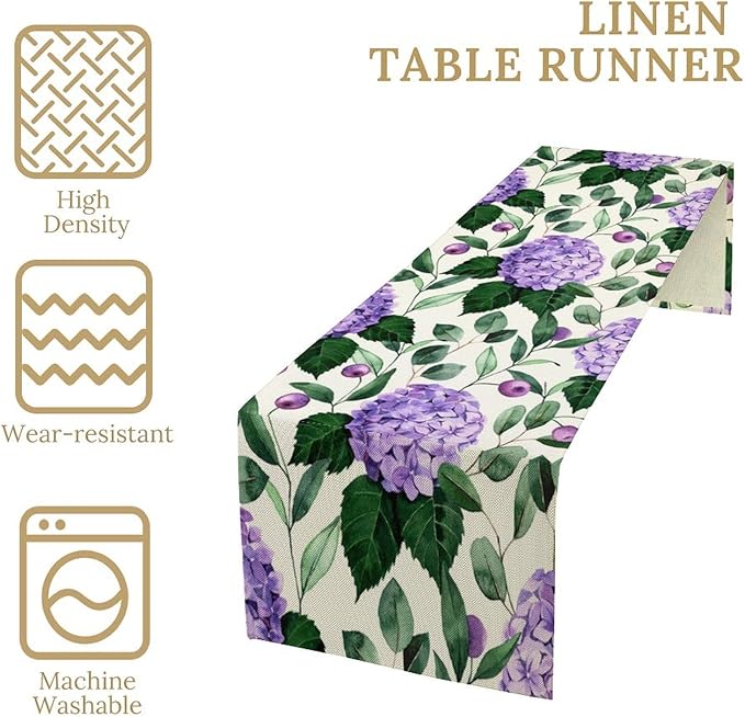 Spring Hydrangea Flower Table Runner, Seasonal Summer Plants Eucalyptus Leaves Purple Florals Dinner Runner for Home Kitchen Dining Table Party Holiday Decoration 13"x60"