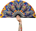 13" Large Rave Fan Bamboo, Folding Clack Hand Fans Foldable for Men Women, Boots on the Ground Poping Fan for EDM Festival Line Dance Decoration, (Peacock, Large 13")