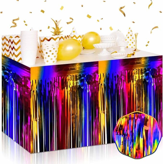 3 Pack 29 x108 Inch Rainbow Foil Fringe Table Skirts Metallic Banner for Tinsel Streamer Garland Backdrop for Parade Floats Wedding Thanksgiving Birthday Christmas Halloween New Year Party Decoration