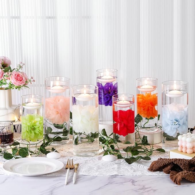 24 Pcs Floating Candles for Centerpieces and Floating Flowers Vase Fillers for Centerpieces Orange Artificial Flowers for Wedding Table Party Home Decoration