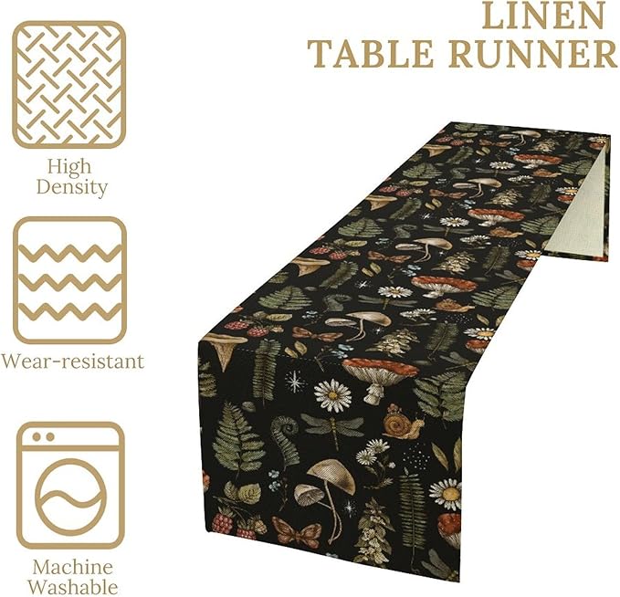Mushroom Table Runner,Retro Forest Plant Table Runner for Kitchen Dining Table Home Party Decoration 13x108 Inch