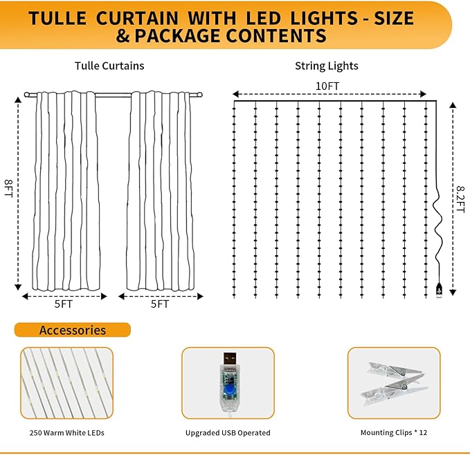 Lavender Tulle Backdrop Curtain with Lights String - 10x8ft Sheer Backdrop with 250 LEDs for Wedding, Baby Shower, Bridal Shower, Birthday Party Photo Shoot Background and Home Decorations
