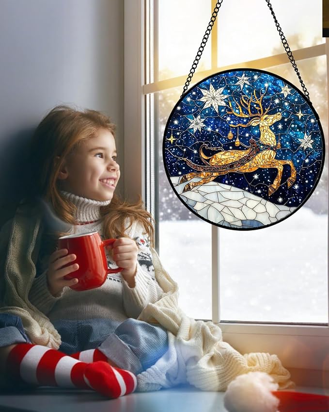 Stained Glass Window Hanging - Reindeer Blue Starry Sky Suncatcher for Doors Home Christmas Decoration Winter Sun Catcher Thanksgiving New Year Birthday Gifts for Women Men Mom Nana 7.8 in