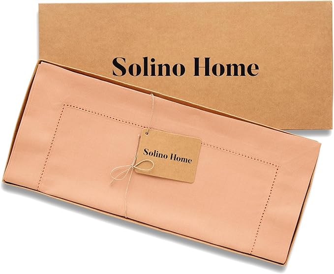 Solino Home Cotton Linen Table Runner 48 Inches - Peach Bloom Hemstitch Table Runner 14 x 48 Inch Ideal for Dresser and Coffee Tables