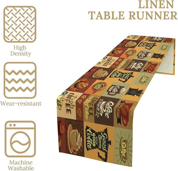 Coffee Table Runner,Vintage Style Coffee Beans Cups Theme Design Pattern Print Tablecloth Burlap for Hotel Indoors Outdoor Dining Room Kitchen Holiday Party, 13x60in