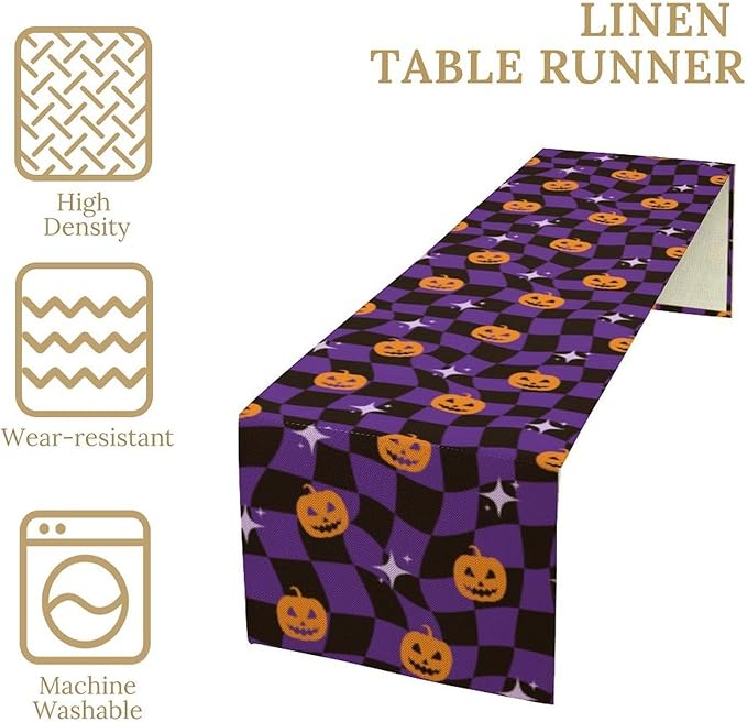 Halloween Table Runner,Purple Checkered Pumpkin Table Runner for Kitchen Dining Table Decoration Home Party Decor 13x60 Inch