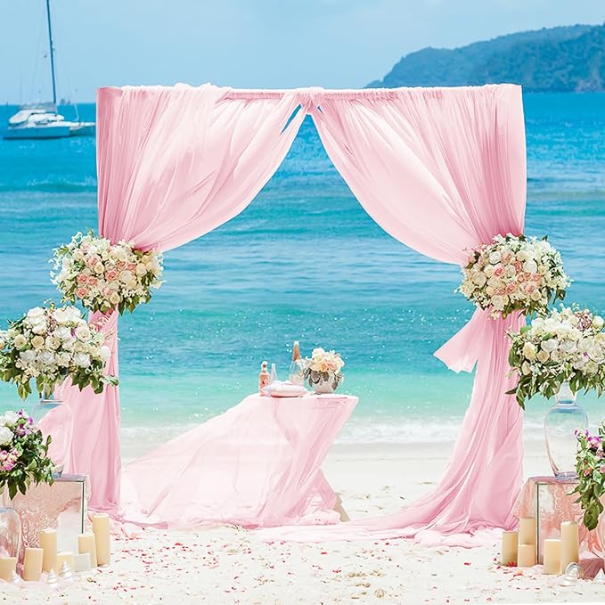 VOK Pink Wedding Arch Draping Fabric Chiffon Curtains, 29in x 18Ft Sheer Chiffon Outdoor Curtain for Wedding Ceremony Birthday Party Decoration (Light Pink,4 Panel)