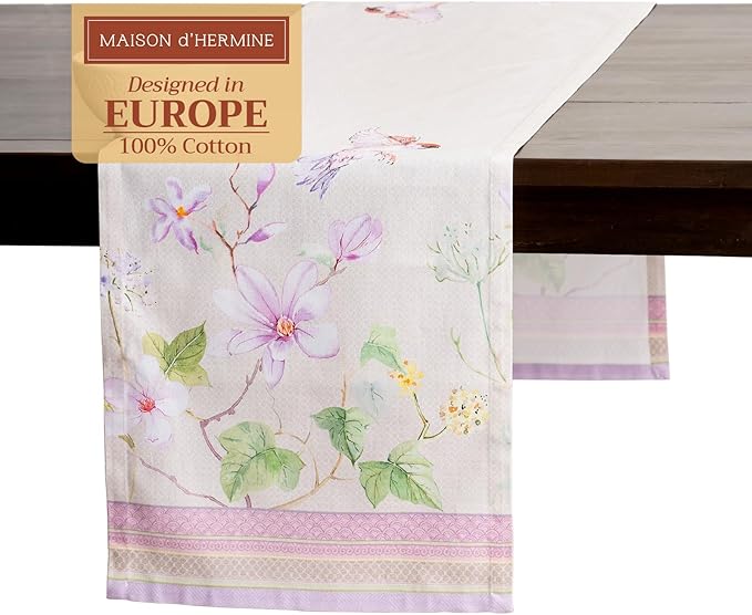 Maison d' Hermine Table Runner 100% Cotton Single Layer Table Runners 108 inches Long Decorative for Home Kitchen Dining Party Wedding Bridal Shower Spring Summer (Magnolia Mornings, 14.50" x 108")