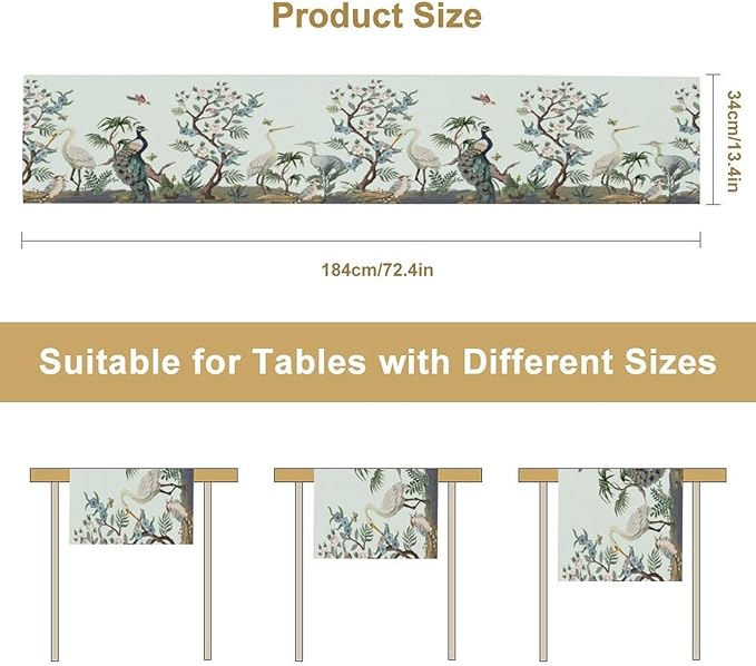 Peacock Table Runner,Retro Chinese Peonies Flowers Peacock Table Runner for Home Kitchen Dining Party Indoor Outdoor Decoration 13x60 Inch