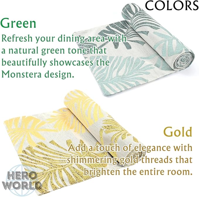 Monstera Leaf Table Runner – Elegant Fabric Table Centerpiece, Machine Washable, Gold or Green, 71"/83"/94" Length, 13" Width (Gold/71)