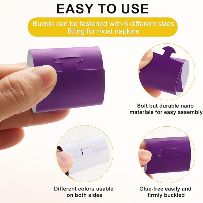 Polymer Material Reusable Napkin Band, Glue-Free Tear-Proof Water Resistant Oil-Proof Napkin Bands Set of 50(Front Purple Color and Back White), 6 Adjustable Sizes Napkin Rings