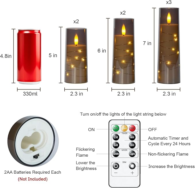 Raycare Flameless Candle with Remote Timer, 7 Flickering Acrylic Battery Operated LED Pillar Candles with Embedded Star String for Halloween, Home Decor, and as a Gift(Grey)
