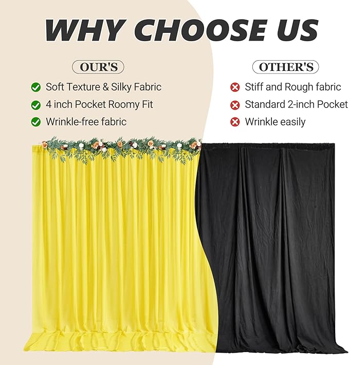 10ft x 10ft Yellow Backdrop Curtain Drapes, Wrinkle-Free Sheer Chiffon Fabric Photo Backgroud Panels for Wedding Arch Party Ceremony Stage Photography Decoration