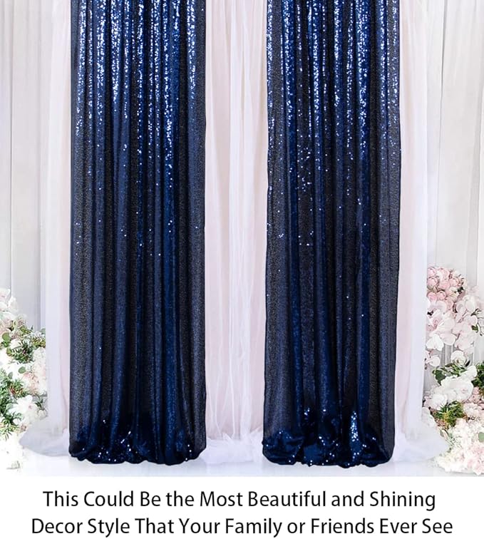 ShinyBeauty Sparkle Backdrop Curtain Navy Blue 2 Panels Set Sequin Photo Backdrop 2FTx8FT Sequin Backdrop Curtain Pack of 2-1220S