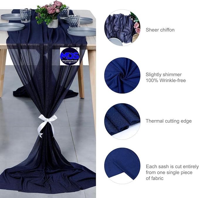 MDS Halloween Chiffon Table Runner - 15 Pack, 29 x 170 Inches, 14ft Each - Sheer Spooky Table Runners for Haunted House Parties, Trick-or-Treat Tables, Witchy Décor, Wedding & Events - Navy Blue