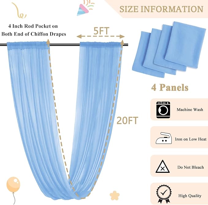 MODFUNS Light Blue Ceiling Drape 5x20ft 4 Panels Chiffon Ceiling Draping Fabric Sheer Wedding Arch Drapery Stage Canopy Ceiling Drapes Chiffon Curtain Drapes for Arbor Swag Tent Party Decoration